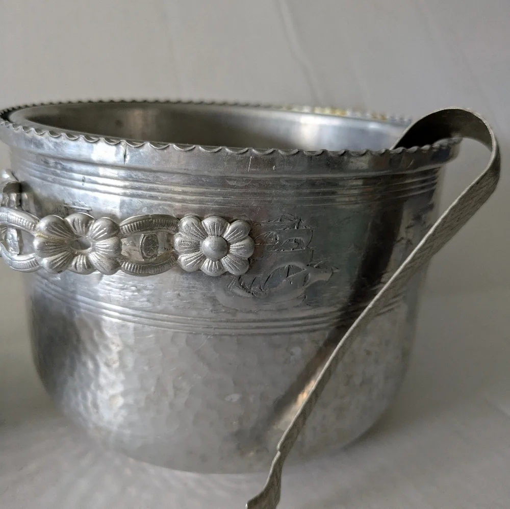 Vintage Hammered Aluminum Ice Bucket & Tong.Underside Of Lid Has Cocktail Recipe